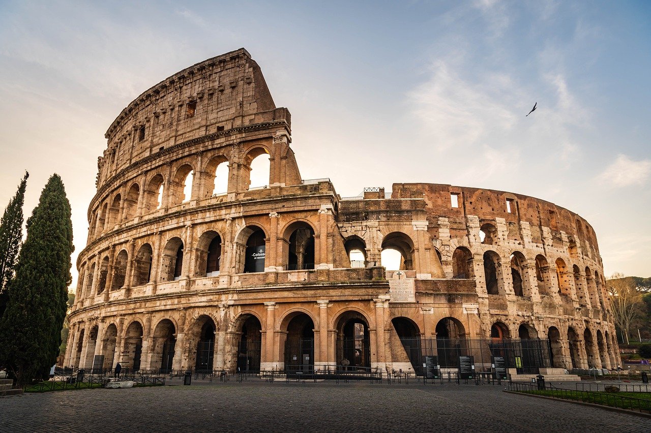 italy, rome, colosseum, sunset, ancient architecture, travel, nature, roman arena, tourists
